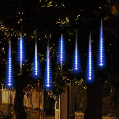 Meteor Shower Lights Outdoor Christmas Lights UL Certified Falling Rain Drop Snowfall Icicle Cascading String Light for Xmas Holiday Tree Wedding Party Garden Decor Blue, 12 Inch 8 Tubes