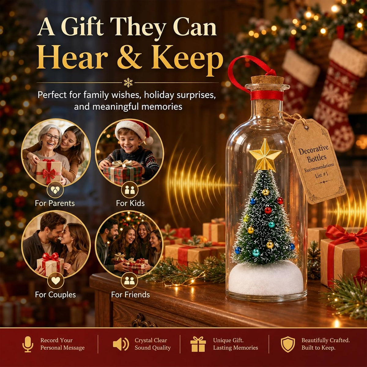 Christmas Message in a Bottle, Recordable Voice Glass Tree Ornament Sentimental Gift Forever Recording Holiday Sound Audio Souvenir Meaningful Keepsake Special Decorative Home Kids