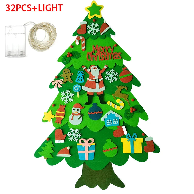 DIY Felt Christmas Tree Set with 32 Ornaments and LED String Lights for Toddlers Kids New Year Gift Xmas Gifts Home Door Wall