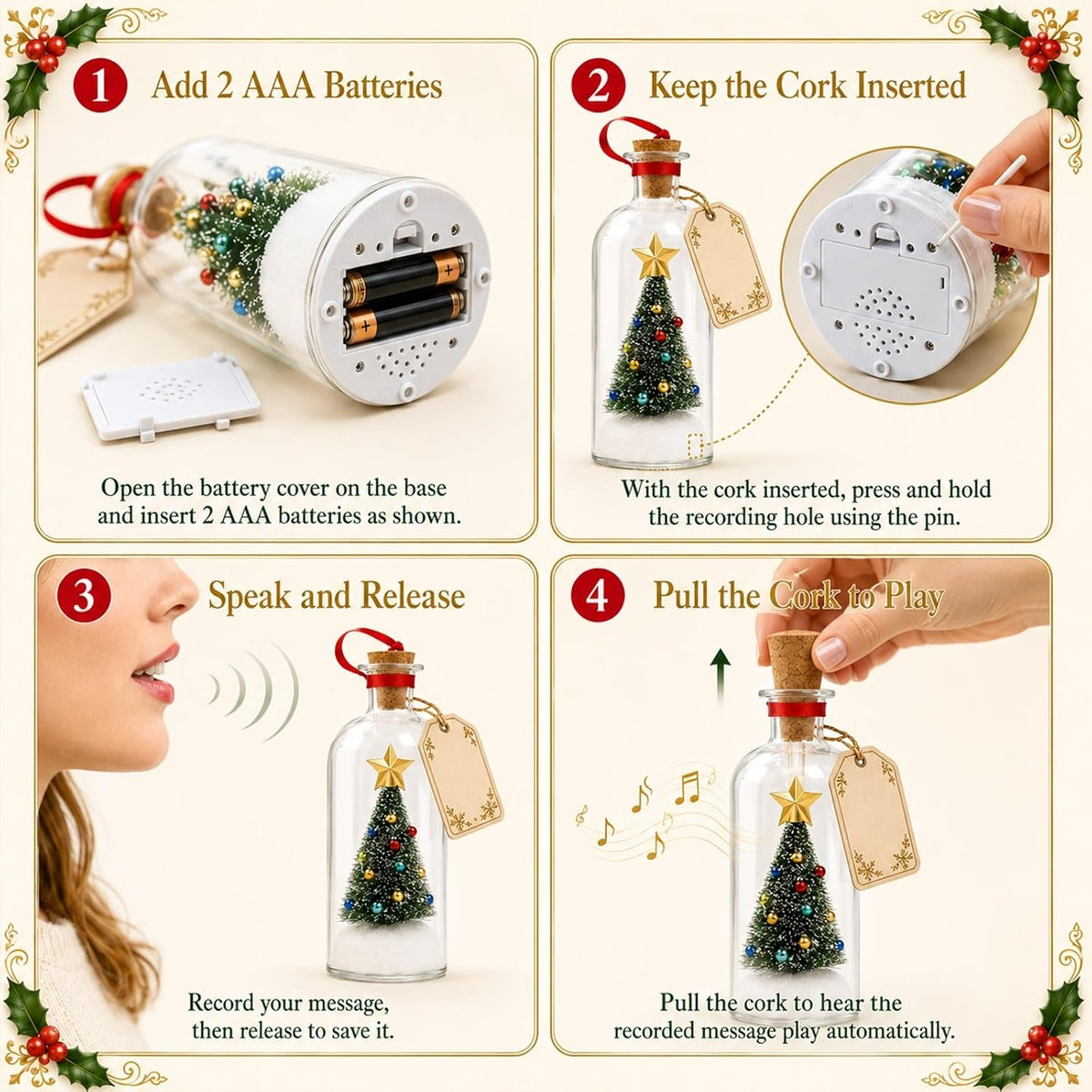 Christmas Message in a Bottle, Recordable Voice Glass Tree Ornament Sentimental Gift Forever Recording Holiday Sound Audio Souvenir Meaningful Keepsake Special Decorative Home Kids
