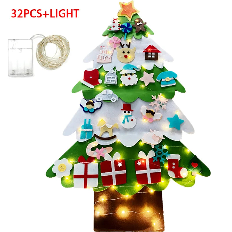 DIY Felt Christmas Tree Set with 32 Ornaments and LED String Lights for Toddlers Kids New Year Gift Xmas Gifts Home Door Wall