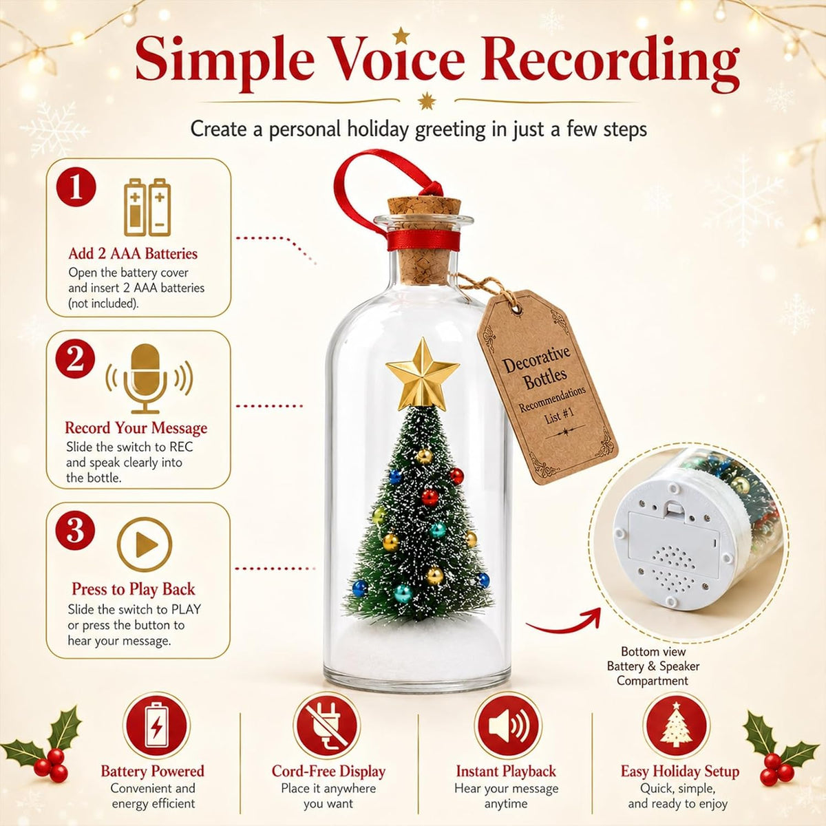 Christmas Message in a Bottle, Recordable Voice Glass Tree Ornament Sentimental Gift Forever Recording Holiday Sound Audio Souvenir Meaningful Keepsake Special Decorative Home Kids