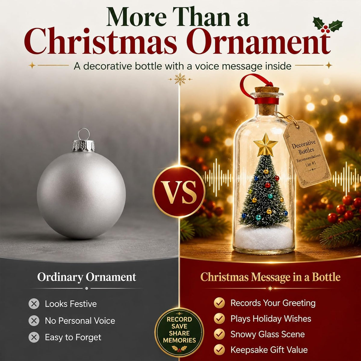 Christmas Message in a Bottle, Recordable Voice Glass Tree Ornament Sentimental Gift Forever Recording Holiday Sound Audio Souvenir Meaningful Keepsake Special Decorative Home Kids
