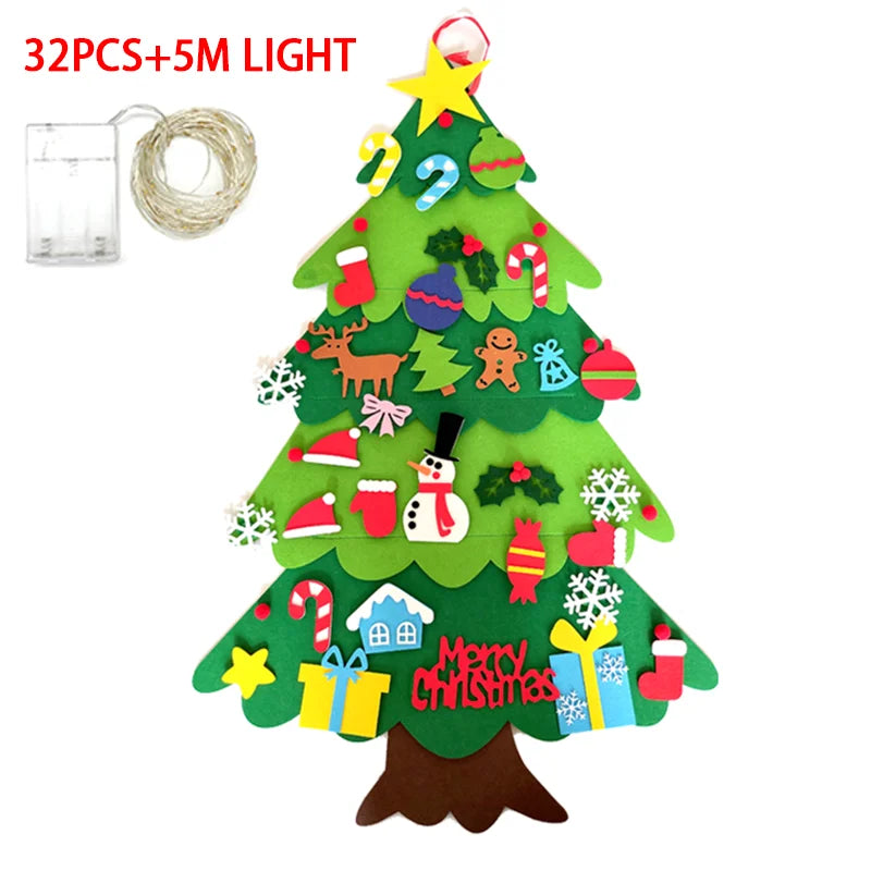 DIY Felt Christmas Tree Set with 32 Ornaments and LED String Lights for Toddlers Kids New Year Gift Xmas Gifts Home Door Wall