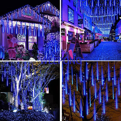 Meteor Shower Lights Outdoor Christmas Lights UL Certified Falling Rain Drop Snowfall Icicle Cascading String Light for Xmas Holiday Tree Wedding Party Garden Decor Blue, 12 Inch 8 Tubes